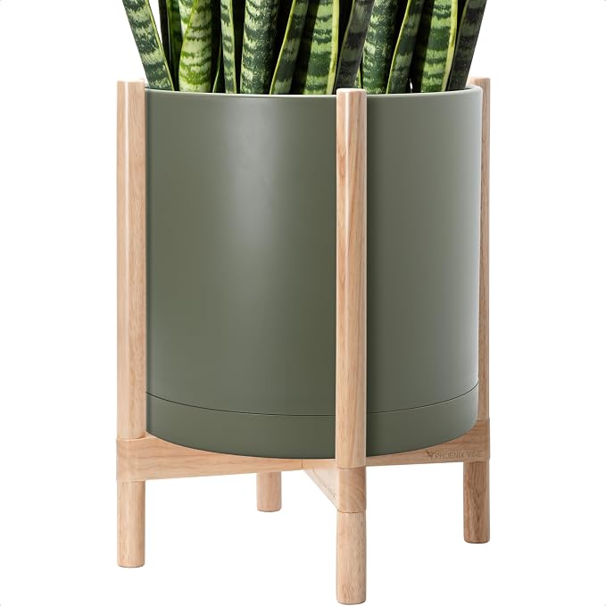 D'vine Dev Plastic Pot with Natural Wood Stand, Olive, 16 in, 55-C-Y-3 | Mid-Century Inspired Design, Elevated Plant Display, Clean Lines, Sturdy Support, Modern Space-Saving Style