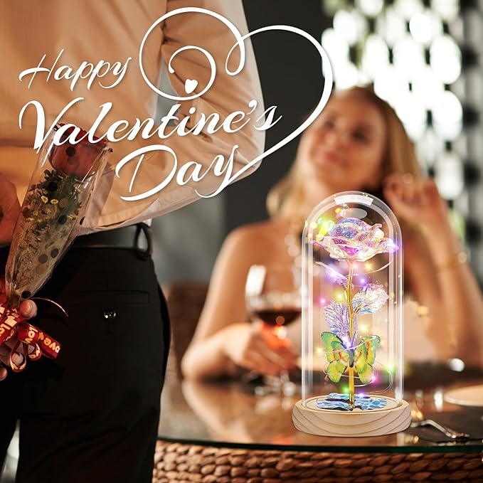 Otlonpe Preserved Forever Mothers Day Flower Gifts for Mom, Glass Rose Wood Base Colorful Light Butterfly Gifts for Women Grandma Girlfriend Wife Her, Valentines Mothers Day Christmas Birthday