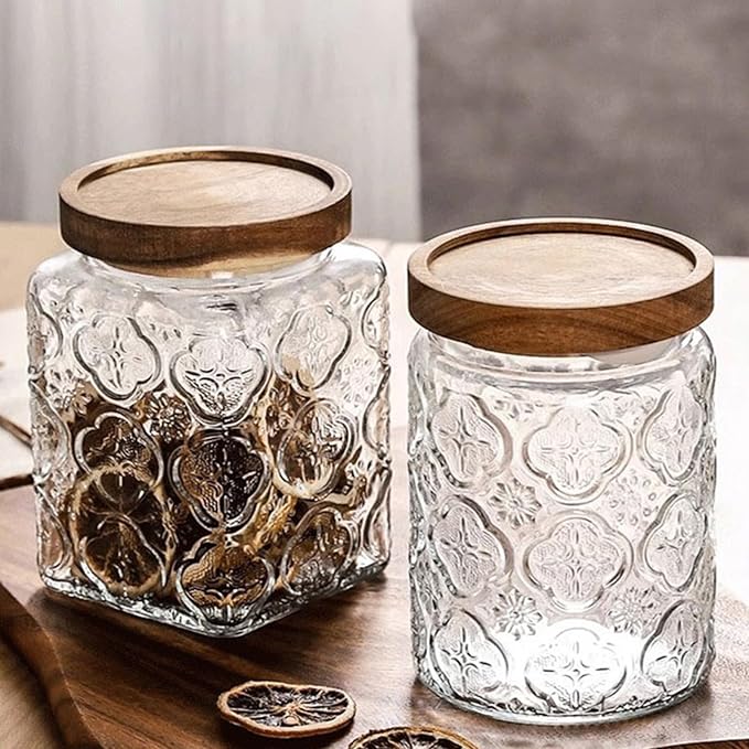 Glass Jar with Lid, Vintage Glass Storage Jars with Airtight Lid Coffee Canister Sugar Container for Kitchen Counter Pantry, Flour, Candy, Tea, Coffee Beans, Oats (Begonia Sunflower Round)
