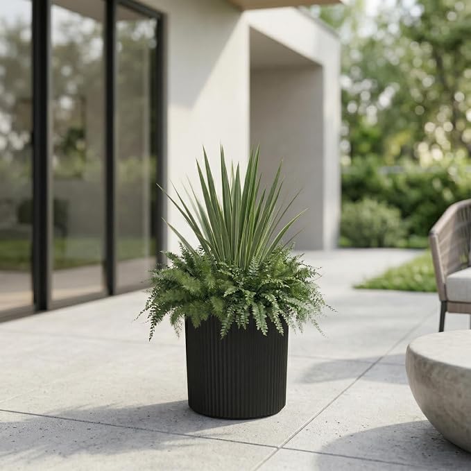 Mayne Haven 12-Inch Fluted Planter, Round Planters for Outdoor Plants, Lightweight Concrete Look Plant Pots for Porch, Patio, Garden and Entryway Décor, Black