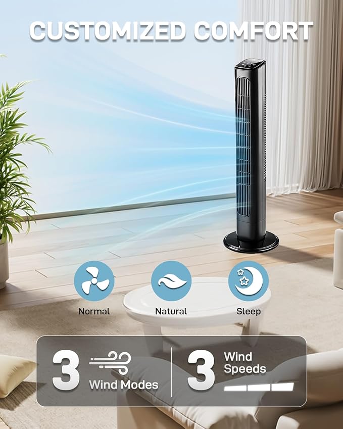 Winado 36" Bladeless Tower Fan, Portable Floor Fan with Remote Control, LED Display, Adjustable 90° Oscillating, 3 Speeds, 3 Modes & 9H Timer, Ultra-Quiet Cooling Fan for Home Office Bedroom, Black