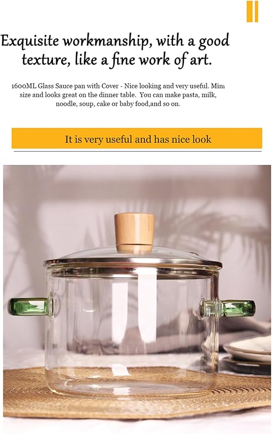 Glass Cooking Pot with Cover, Heat Resistant Glass Saucepan Cooking Pot and Pan with Lid, Glass Cookware Set Cooktop Safe for Pasta Noodle, Soup, Milk, Baby Food (Yellow wooden bead lid- 1700ml)