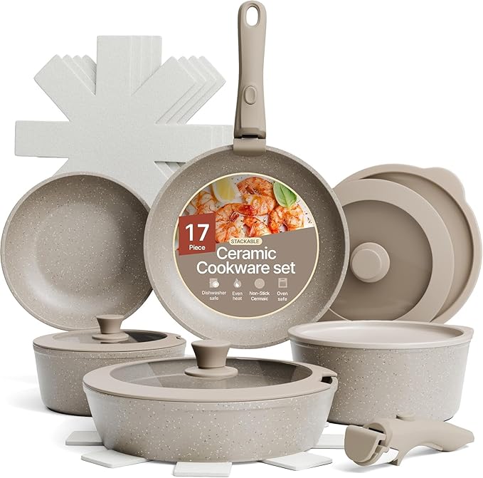 Bakken 17-Piece Ceramic Coated Aluminum Cookware Set, Nonstick Pots and Pans with Lids, Silicone Cooking Utensils & Oven Mitts, All Stovetop Safe Up To 500°F, PTFE & PFAS Free, Dishwasher Safe