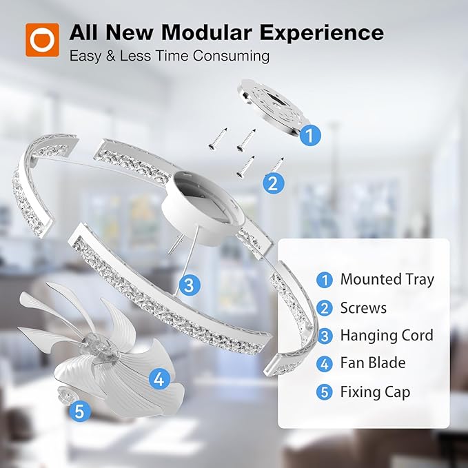 addlon Ceiling Fans with Lights and Remote, 24'' Low Profile Flush Mount Ceiling Fan, 3000–6000K Dimmable LED Fandelier, Bladeless Crystal Fan Light for Bedroom, Kitchen, Living Room, White