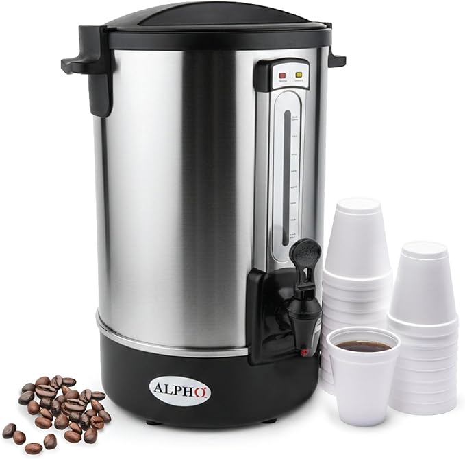 ALPHA LIVING 100 Cups Electric Coffee Urn – Stainless Steel Large Capacity Electric Kettle Percolator Coffee Pot – Ideal Hot Beverage Dispenser for Catering, Hotels, Restaurants –Leak-Proof Tap
