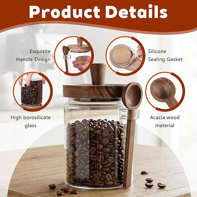 6 Pcs Coffee and Sugar Container Set, 20 oz Glass Coffee Jars with Wooden Lids and Scoops, Loose Leaf Tea Storage Canister Decorative Sugar Tea Creamer Canisters for Kitchen Countertop