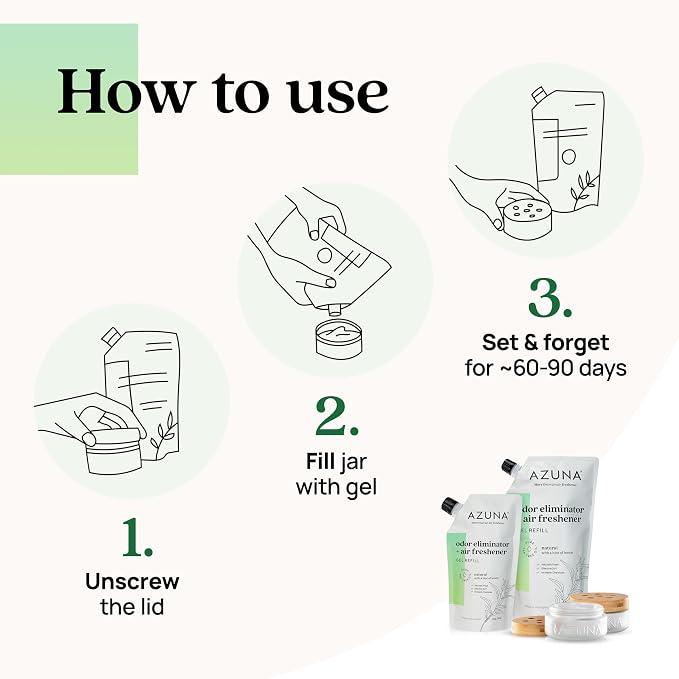 Azuna Air Freshener & Odor Eliminator for Strong Odor | 4 Room Kit Includes (4) 8 oz. Empty Luxe Glass Jars & 24oz Gel | Refill with Tea Tree Essential Oil | Natural Scent | Last 60-90 Days
