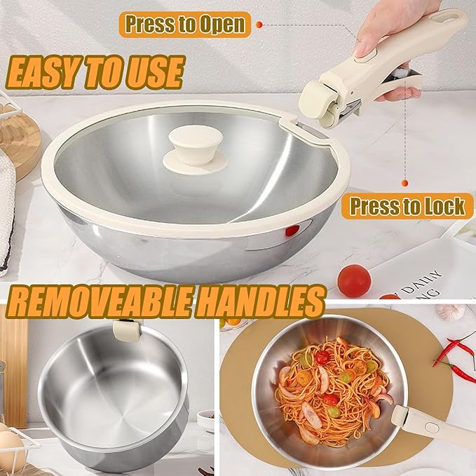 Tri-Ply Stainless Steel Cookware Set, 17 pcs Pots and Pans Set Non Stick with Detachable Handles, Induction Cookware Set Kitchen Cooking Sets, RV/Camping Cookware, Dishwasher & Oven Safe,17pcs