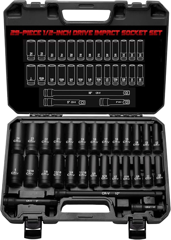 1/2" Drive Impact Socket Set 29-Piece, Cr-V-M Steel Deep Socket SAE(3/8" - 1") & Metric(10-24mm) Sizes, with Extension Bar, with Storage Case
