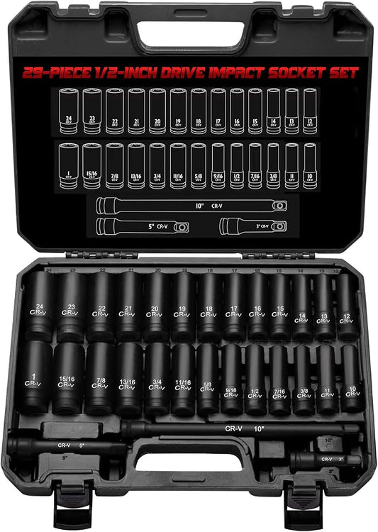 1/2" Drive Impact Socket Set 29-Piece, Cr-V-M Steel Deep Socket SAE(3/8" - 1") & Metric(10-24mm) Sizes, with Extension Bar, with Storage Case