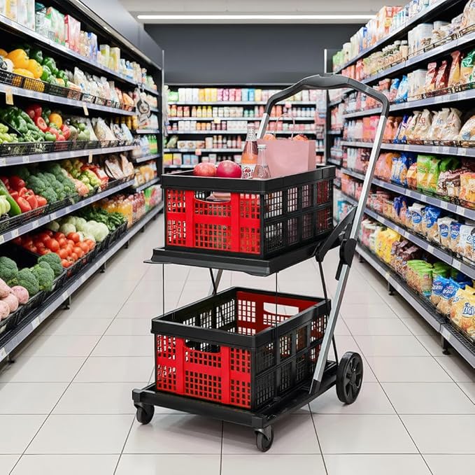 Collapsible Shopping Cart with Wheels,2 Tier Multi Use Foldable Shopping Cart with 2 Storage Crates,Folding Shopping Trolley Utility Cart for Office,Groceries, Warehouse,Supermarket,Picnic (Red)