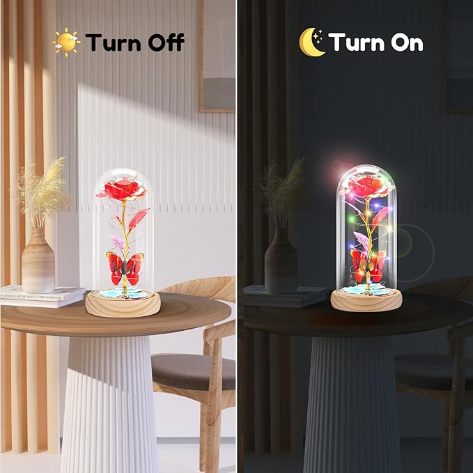 Otlonpe Preserved Forever Mothers Day Flower Gifts for Mom, Glass Rose Wood Base Colorful Light Butterfly Gifts for Women Grandma Girlfriend Wife Her, Valentines Mothers Day Christmas Birthday
