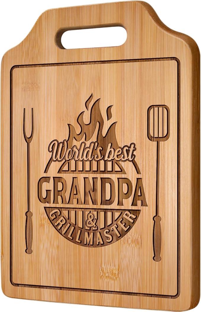 AceThrills Grandpa Gifts for Grandpas Christmas Gifts, Birthday, Fahthers Day - Grill Master Engraved Bamboo Cutting Board 12.3"L x 8.7"W x 0.4"Th (World's Best Grandpas)