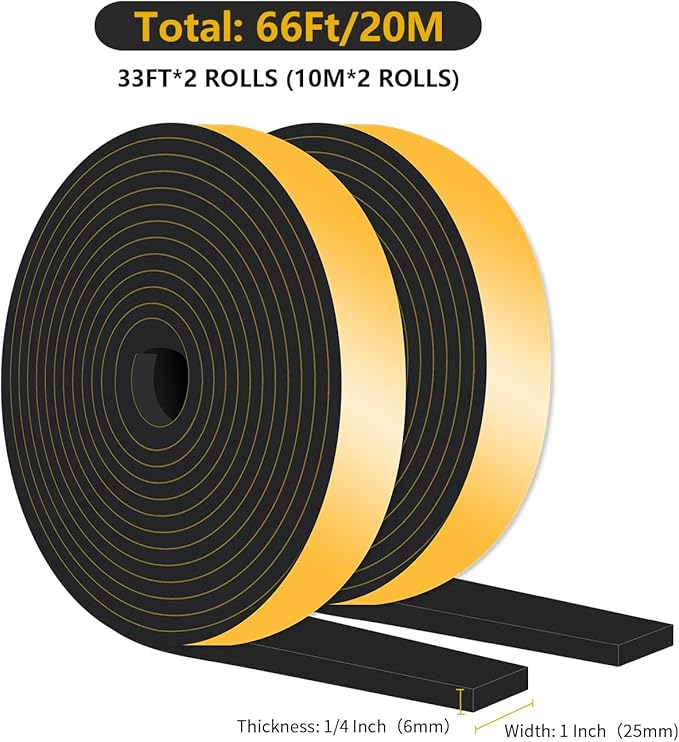 Weather Stripping Door Seal,Weather Stripping,Soundproof,Cold Insulation,High Density CR Foam Insulation Tape for Door, Front Door Frame, Windows,Sliding Door (Black, 1 in x 1/4 in x 66Ft)