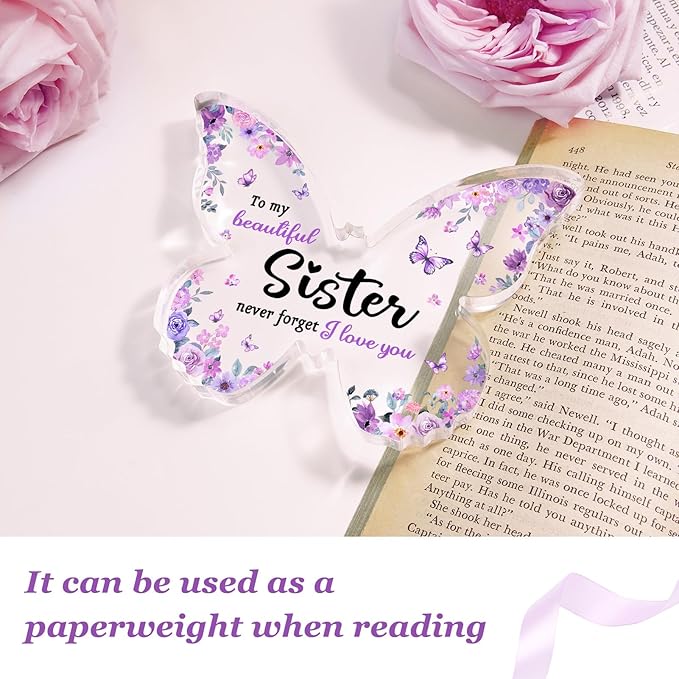 Gifts for Sister, Sister Birthday Gifts, Unique Purple Butterfly Acrylic Plaque Desk Decor, Mothers Day Valentines Christmas Rakhi Gift for Sisters Adult Graduation - 5 x 3.8 x 0.5 inches