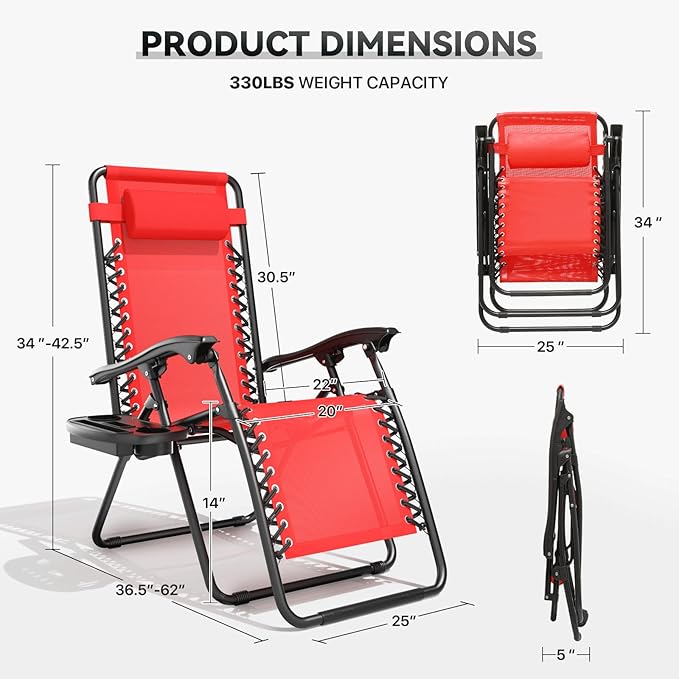 Zero Gravity Chair, Portable Outdoor Chair, Reclining Patio Lounge Chair with Adjustable Pillow and Cup Holder Trays for Outdoor, Patio, Beach, Camping, Garden, Poolside, 2 Pack, Red