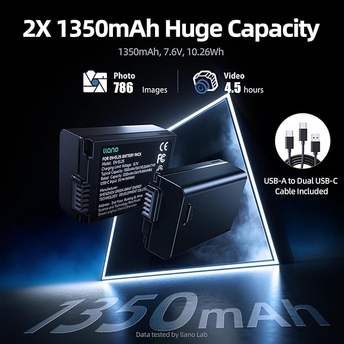 llano 2 Pack 1350mAh USB-C EN-EL25 Batteries, Fully Decoded for Nikon Z50 II, Z50, Z30, Z50, ZFC Cameras, Fully decoded, Fast Rechargeable, Replacement Battery