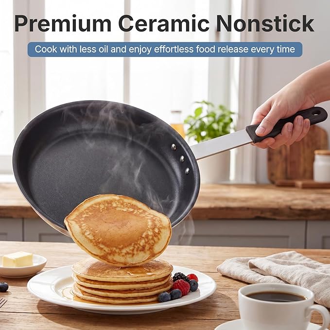 DUMOS 12 Inch Nonstick Frying Pan, Heavy-Gauge Aluminum Skillet with Ceramic Nonstick Coating & Stainless Steel Base, Omelet Pan for Induction, Electric, Gas, PFAS Free, Oven Safe, Black Handle
