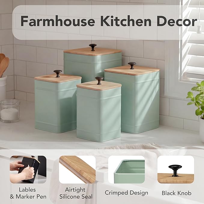 PERFNIQUE Kitchen Canisters, Airtight Canister Sets of 4 for Kitchen Counter, Sage Green Kitchen Accessories, Coffee Tea Sugar Flour Spice Tin Jars Food Storage (Sage Green)
