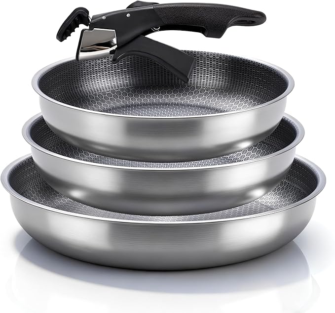 3-Piece Stainless Steel Frying Pan Set, 10”/11”/12.5”Stackable Kitchen Cookware Set with Detachable Handle, Oven Safe Cooking Pan, Suitable for All Stove