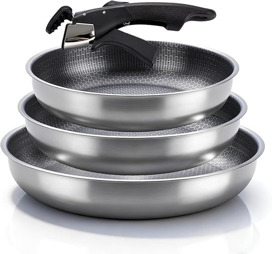 3-Piece Stainless Steel Frying Pan Set, 10”/11”/12.5”Stackable Kitchen Cookware Set with Detachable Handle, Oven Safe Cooking Pan, Suitable for All Stove