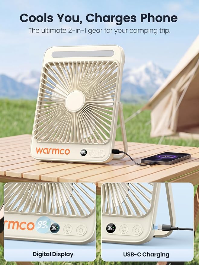Warmco 20000mAh Battery Powered Fan, 8-Inch Ultra-Slim Portable Camping Fan with LED Lantern, Up to 48H Runtime Rechargeable Desk Fan for Bedroom, Outdoor, Tent, Travel, Cruise Ship Essentials