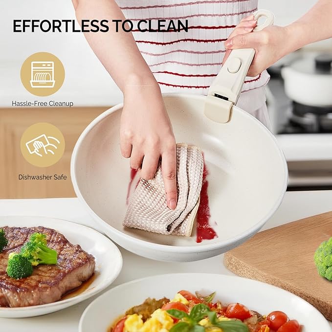 Bonnlo 19 Pcs Nonstick Pots and Pans Set with Lids, Kitchen Cookware Set with Detachable Handle Include Saucepan, Frying and Saute Pan, PFAS PFOA & PFOS Free, RV Induction, Aluminum, Cream White