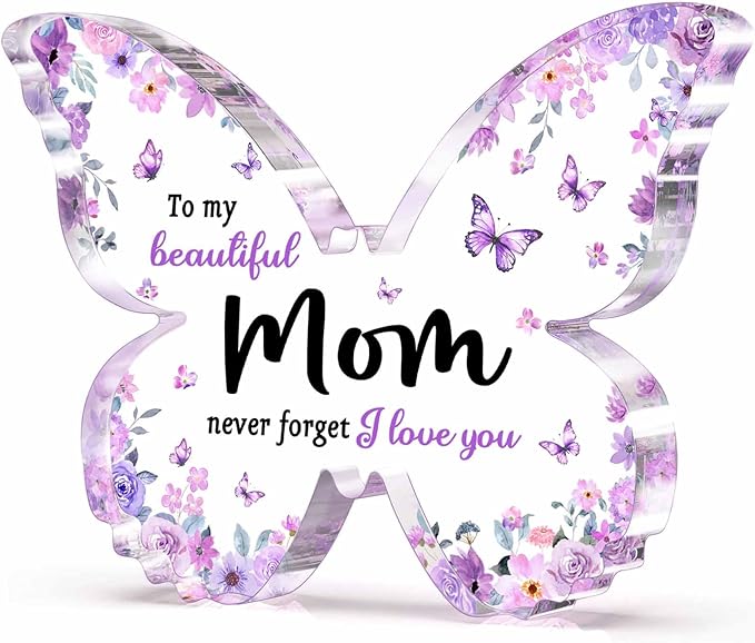 Gifts for Mom, Mom Birthday Gifts, Unique Purple Butterfly Acrylic Plaque Desk Decor, Mothers Day Valentines Christmas Gift for Mother from Daughter Son - 5 x 3.8 x 0.5 inches