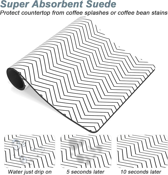 Rnivvi Coffee Mat, 12" x 19" Cute Coffee Bar Mats for Espresso Machine Station Accessories and Organizer, Hide Stain Rubber Backed Absorbent Dish Drying Pad for Kitchen Counter, White Strip