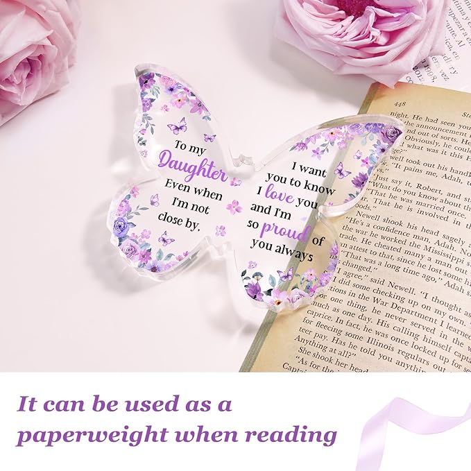 Mothers Day Gift for Daughter from Mom Dad, Unique Purple Butterfly Acrylic Plaque Desk Decor, Mothers Day Valentines Christmas Birthday Graduation Gifts for Daughter Adult, 5 x 3.8 x 0.5 inches