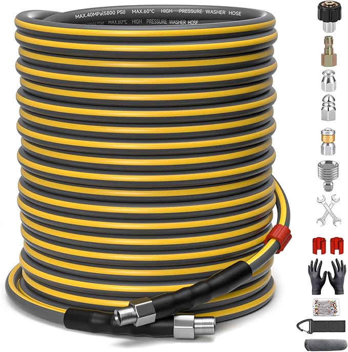 Sewer Jetter Kit for Pressure Washer, 5800PSI Drain Cleaner Hose 1/4 Inch NPT Corner,Showerhead,Rotating rotates,Mushroom Nose,Corner Sewer Nozzle(200FT)