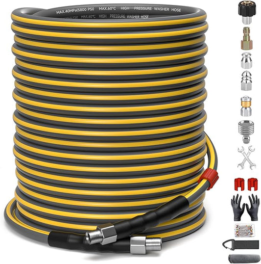 Sewer Jetter Kit for Pressure Washer, 5800PSI Drain Cleaner Hose 1/4 Inch NPT Corner,Showerhead,Rotating rotates,Mushroom Nose,Corner Sewer Nozzle(200FT)