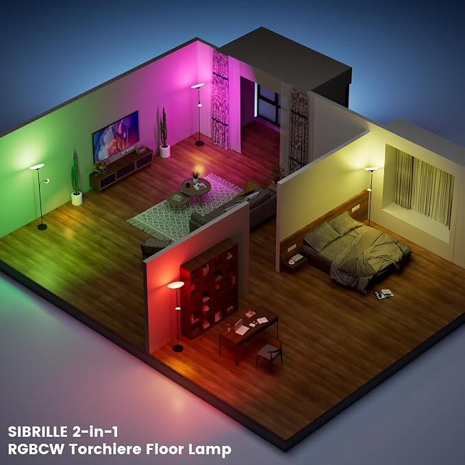 SIBRILLE RGB Torchiere Floor Lamp - 2 Way Dimmable LED Standing Lamp with Remote&Button Control, 34W Rotatable Floor Reading Light, 72'' Tall Modern Corner Lamp for Living Room Bedroom Office, Black