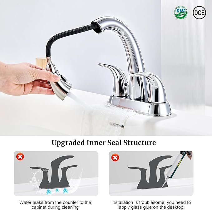 Ultimate Unicorn Chrome Bathroom Sink Faucet - 4 Inch Centerset Pull Down Vanity Faucets 3 Hole with Pop Up Drain - Two Handle Modern Washbasin Tap Set with Pull Out Sprayer for Rv Lavatory Restroom