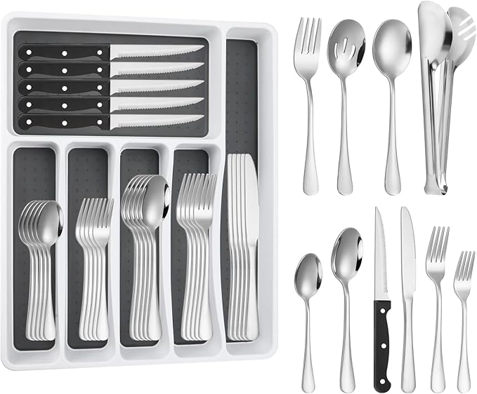 65PCS Silverware Set for 10 with Flatware Drawer Organizer, Stainless Steel Cutlery Set with Steak Knives, Include Spoons and Forks Set & Serving Utensils, Mirror Polished, Dishwasher Safe