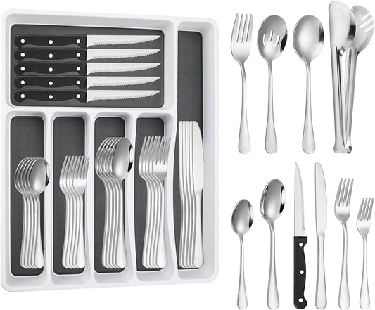 65PCS Silverware Set for 10 with Flatware Drawer Organizer, Stainless Steel Cutlery Set with Steak Knives, Include Spoons and Forks Set & Serving Utensils, Mirror Polished, Dishwasher Safe