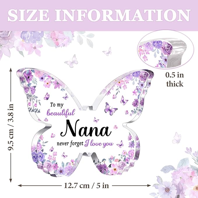Nana Gifts, Unique Purple Butterfly Acrylic Plaque Desk Decor, Mothers Day Christmas Birthday Gifts for Nana from Grandkids - 5 x 3.8 x 0.5 inches