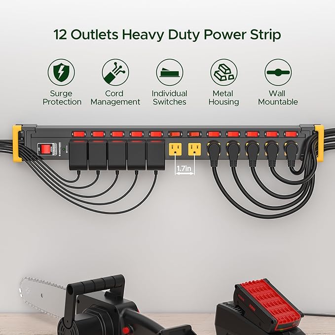 12 Outlet Long Heavy Duty Power Strip with Individual Switches,3300J Surge Protector Metal Power Strip,Wide Spaced,6Ft Cord Managment for School,Garage,Office,Workbench,ETL Listed(15A/1875W)