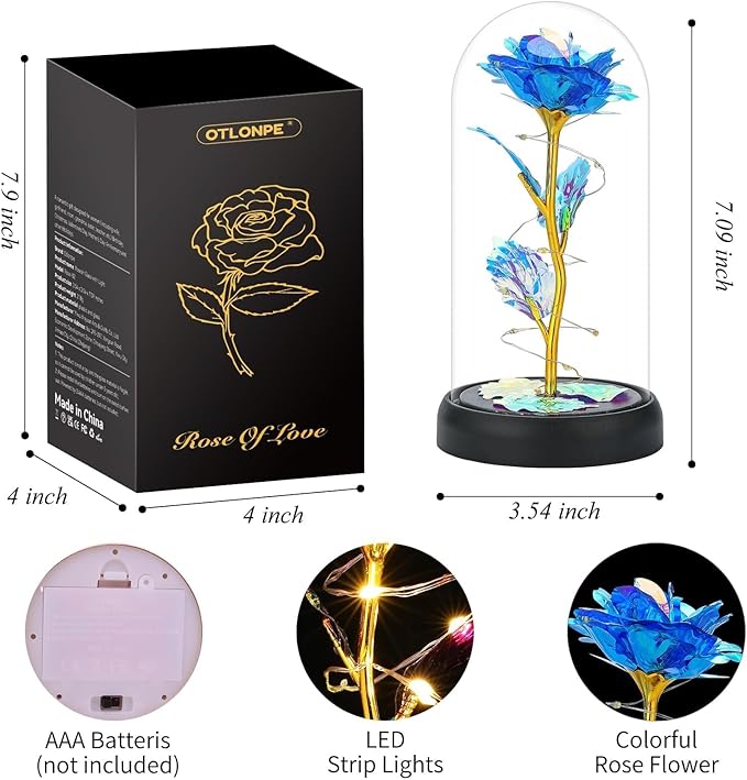 Otlonpe Mothers Day Flowers Gifts for Mom from Daughter Son, Preserved Forever Glass Light Up Rose Gifts for Grandma Wife Women Girlfriend Sister, Teacher Appreciation Graduation Gift for Her (Blue)