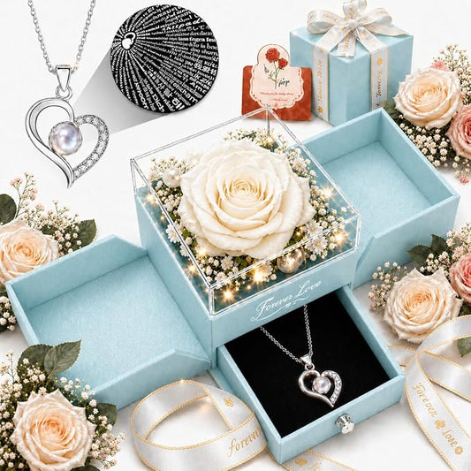 Forever Love Preserved Real Rose with Heart Necklace, Mothers Day Gifts for Mom, Wife, Anniversary Birthday Gifts for Women – Projects “I Love You” in 100 Languages