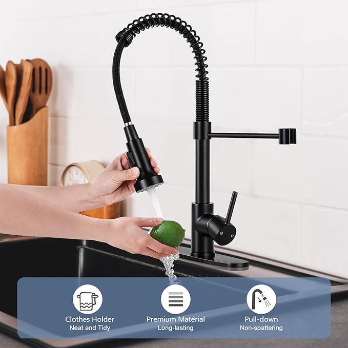 DJS Kitchen Faucets with Pull Down Sprayer Single Handle 1 or 3 Holes Spring Kitchen Sink Faucet with Deck Plate for Farmhouse RV Vessel Basin (Matte Black)