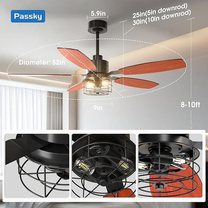 Passky Ceiling Fans with Lights, 52 inch Farmhouse Ceiling Fan with Light and Remote Control, 6 Speeds, Reversible, Noiseless, Dual Finish Blades, Black Caged Ceiling Fan for Bedroom, Living Room