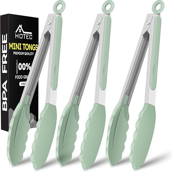 Hotec Mini Silicone Kitchen Tongs for Cooking - 7-Inch Small Serving Tongs with Silicone Tips, Set of 3 (Light Green)