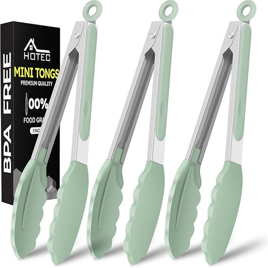 Hotec Mini Silicone Kitchen Tongs for Cooking - 7-Inch Small Serving Tongs with Silicone Tips, Set of 3 (Light Green)