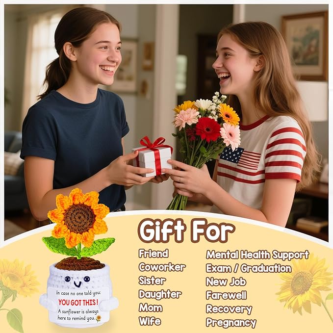 Qunland Get Well Gifts for Women Men, Inspirational Positive Sunflower Emotional Support Crochet - Mothers Day Birthday Galentines Graduation Cheer Up Gifts for Teens Students Coworker Best Friends