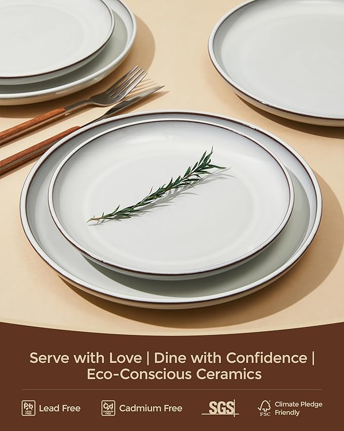 Pokini Santorini Mist Terracotta Reactive Glaze Plates and Bowls Sets, Stoneware Dinnerware Sets, Microwave and Dishwasher Safe Ceramic Dish Set Service for 4, Moonstone White