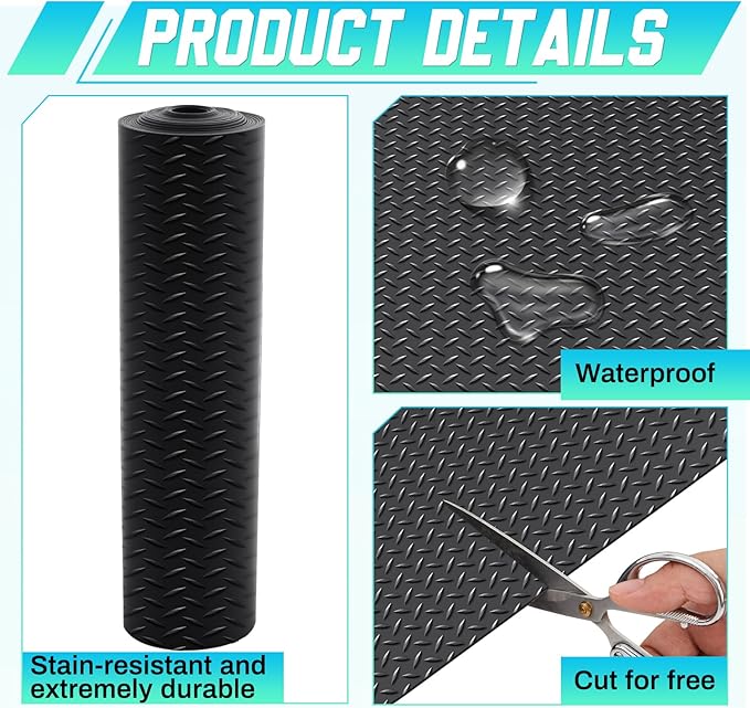 Breling 16 in x 32.8 ft Rubber Flooring Rolls Mats, Heavy Duty Diamond Plate Garage Floor Mat, PVC Water/Stain Outside Resistant Parking Rv Trailer Flooring(Black)