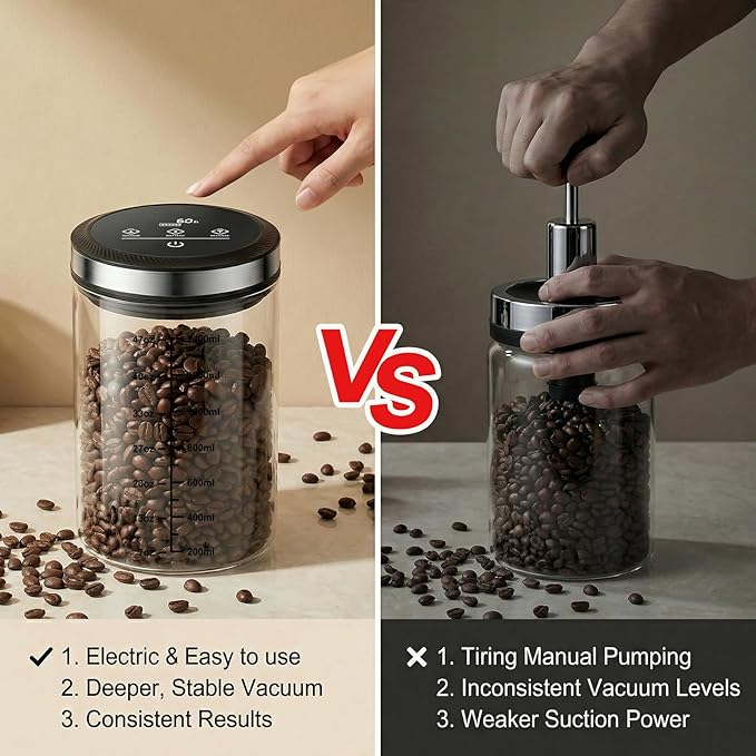 Vacuum Coffee Canister, Airtight Coffee Container with Graduated Scale and Vacuum Duration Display. Features Transparent Borosilicate Glass Construction and a 1.6L Large Capacity