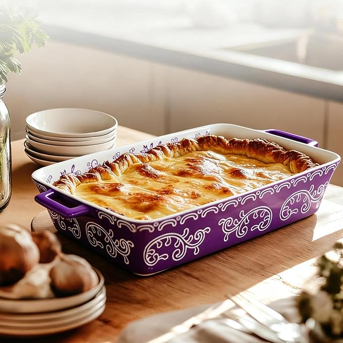 Domini Casserole Dishes for Oven, Ceramic Baking Dishes for Oven Set of 3, Lasagna Pan Deep, Baking Pan Set Square Casserole Dish Set with Handles for Baking, Pattern Purple(14.6+11.4+8.5inch)Christmas