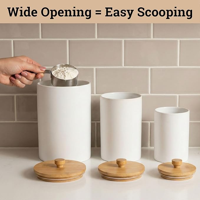 Ceramic Kitchen Canisters for Countertop Set of 3 with Airtight Bamboo Lids - White Kitchen Canisters with Airtight Lids - Flour Sugar Canister Set - Flour and Sugar Containers Farmhouse - Coffee Jar